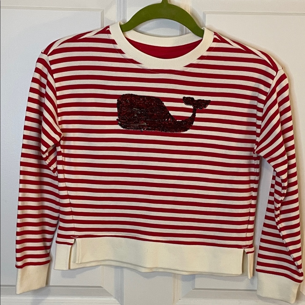 Vineyard Vines Red and White Striped Girls flip Sequin Whale Top size small 7-8